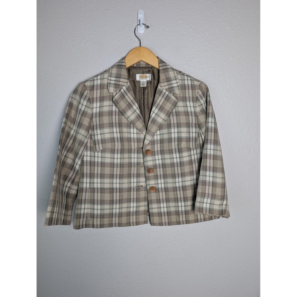 Talbots Petites Jacket Womens 8P Beige Plaid Ramie Lined 3/4 Sleeve Blazer Short